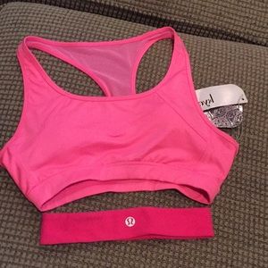 Kyodan pink sports bra and lululemon headband.
